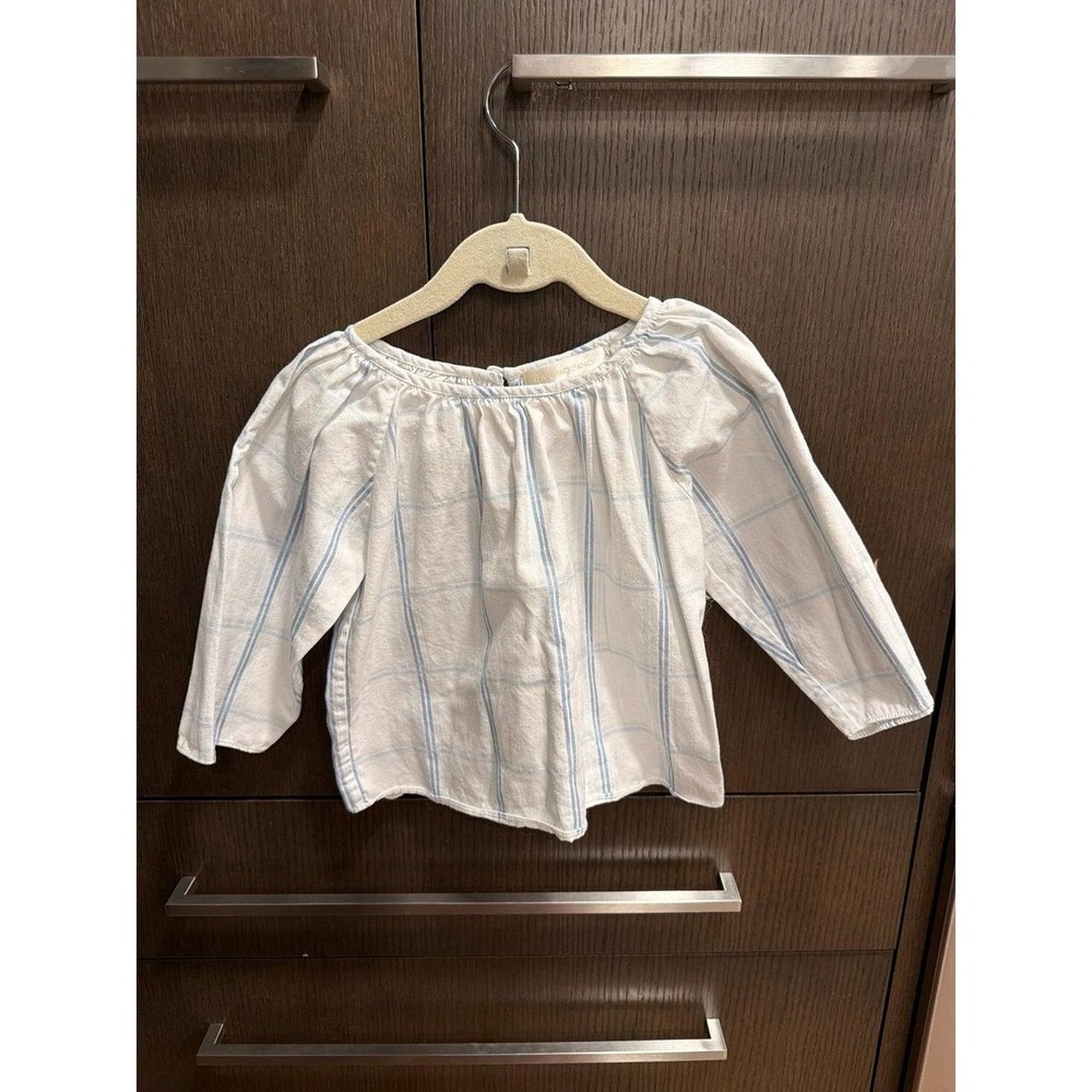 LoveShackFancy girls' long-sleeve cotton blouse light blue and white girls 5